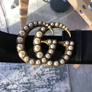 GUCCI Wide leather belt with pearl Double G
